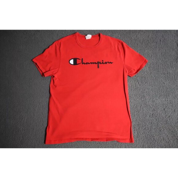Vintage Champion T-Shirt Mens M Red Crew Neck Spell Out Logo Embroidered Cotton - Picture 1 of 9